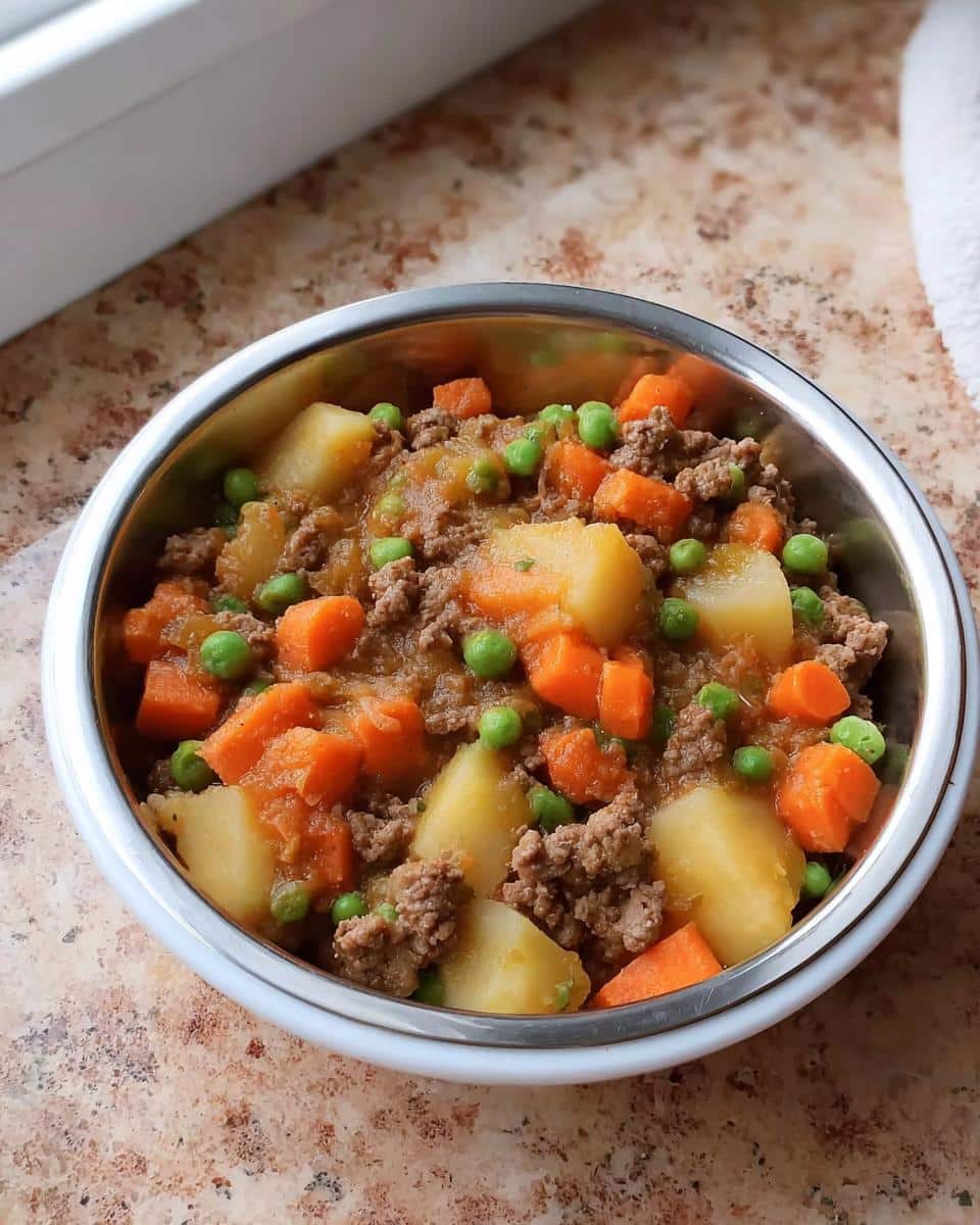Close-up of Make-Ahead Doggie Stew featuring ground meat, large potato chunks, carrots, and peas in a metal bowl.