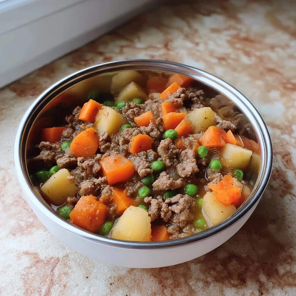 Close-up of Make-Ahead Doggie Stew featuring ground meat, diced carrots, potatoes, and peas in a metal bowl.