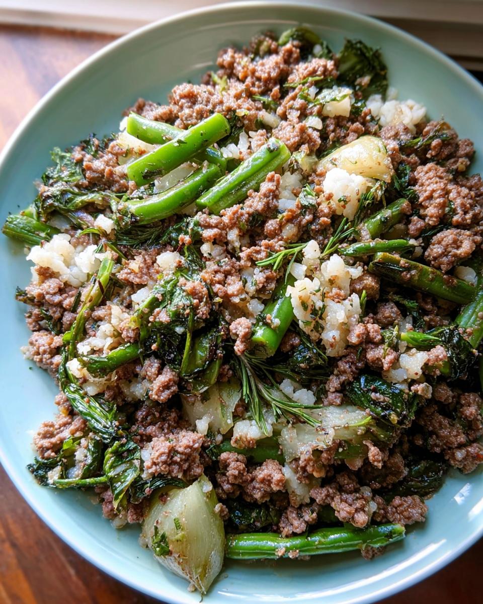 Close-up of homemade March Beef, Brown Rice & Cauliflower Dog Food mix in a light blue bowl.