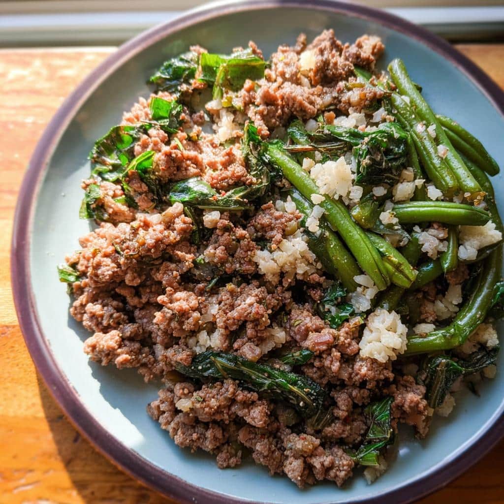 A bowl of homemade March Beef, Brown Rice & Cauliflower Dog Food mix with ground beef and green vegetables.