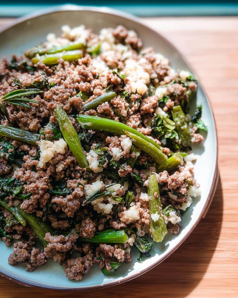 Close-up of cooked ground beef mixed with green vegetables and cauliflower bits, representing March Beef, Brown Rice & Cauliflower Dog Food.