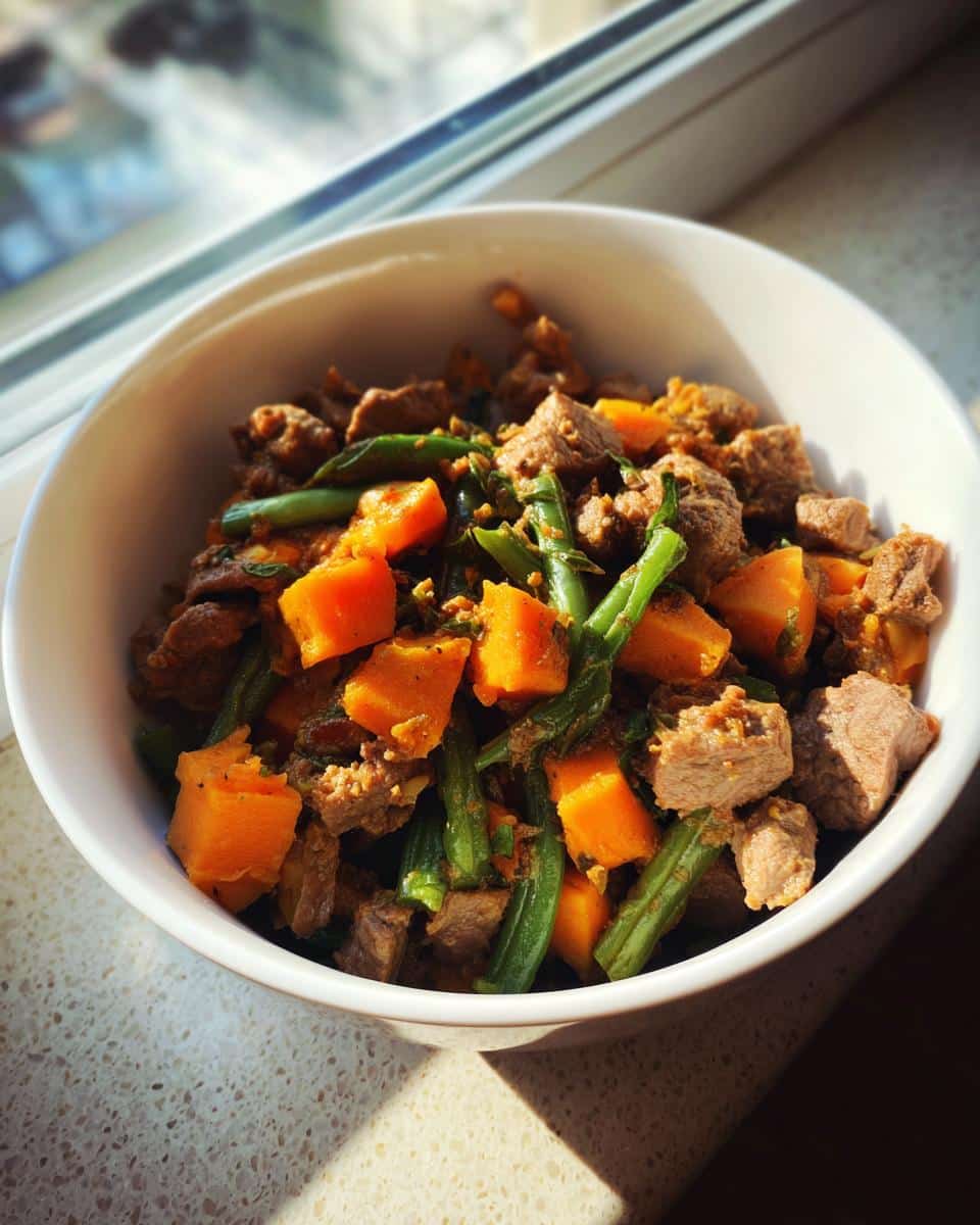 A white bowl filled with chunks of beef heart, orange sweet potato, and green beans for March Beef Heart, Sweet Potato & Green Beans Dog Food.