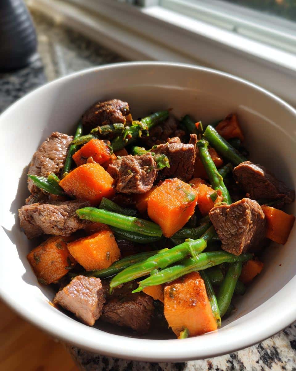 A white bowl filled with chunks of beef heart, bright orange sweet potato, and green beans for March Beef Heart, Sweet Potato & Green Beans Dog Food.