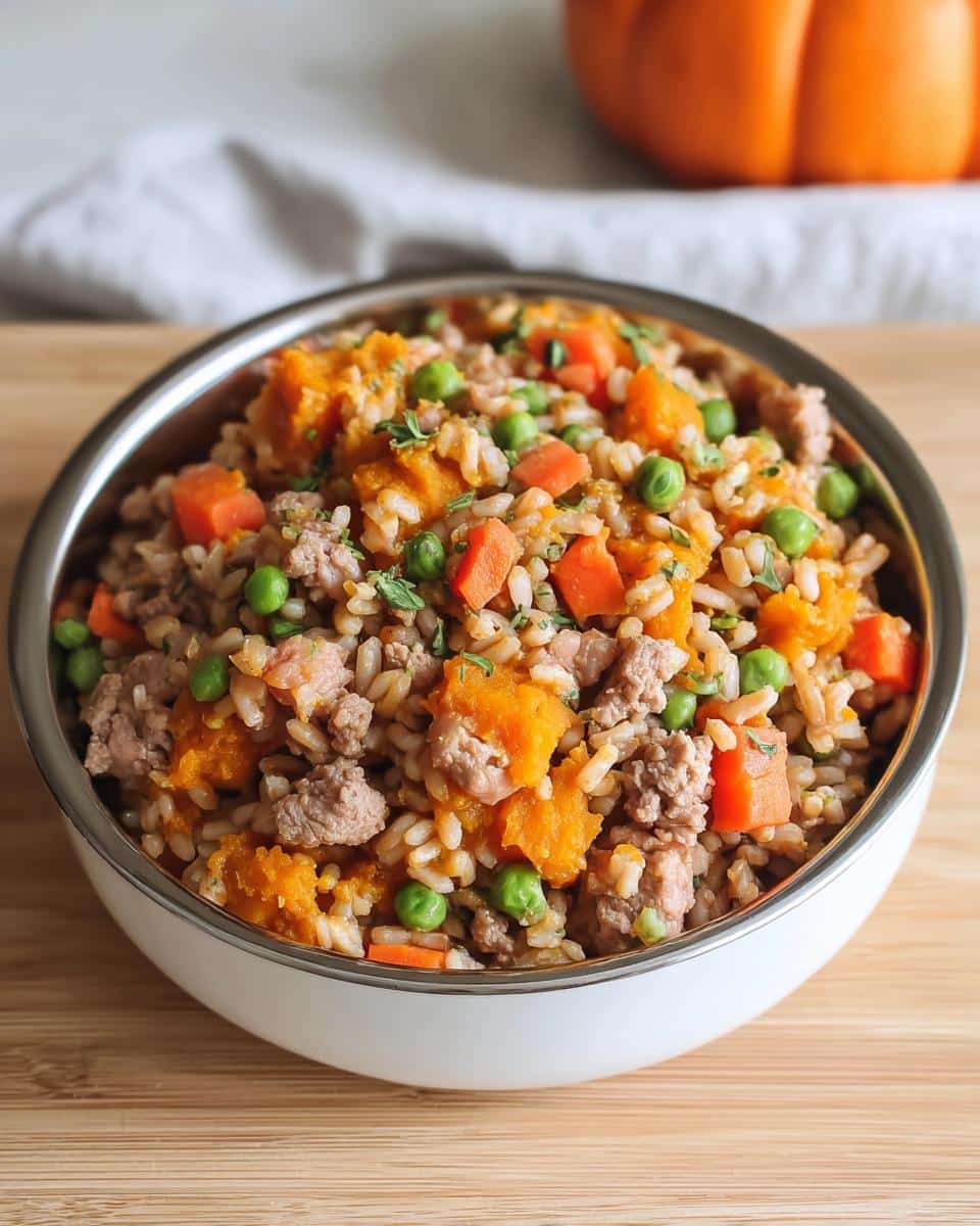 A close-up of homemade March Beef, Oatmeal & Pumpkin Dog Food mixture in a stainless steel rimmed bowl.
