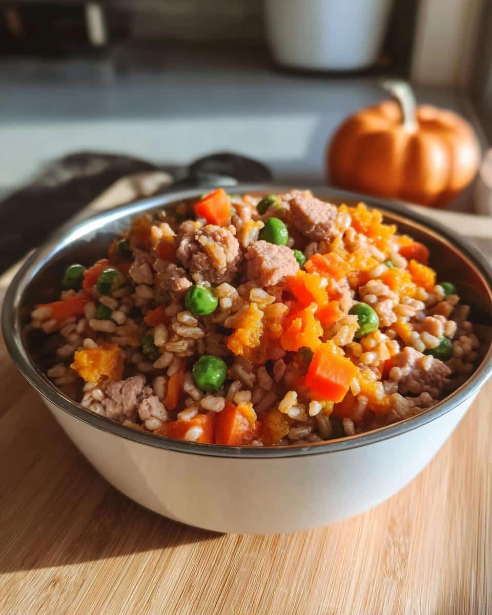 A bowl filled with homemade March Beef, Oatmeal & Pumpkin Dog Food mix, featuring ground meat, grains, carrots, and peas.