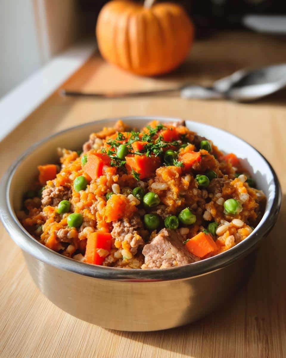 A stainless steel bowl filled with March Beef, Oatmeal & Pumpkin Dog Food, topped with peas and carrots.