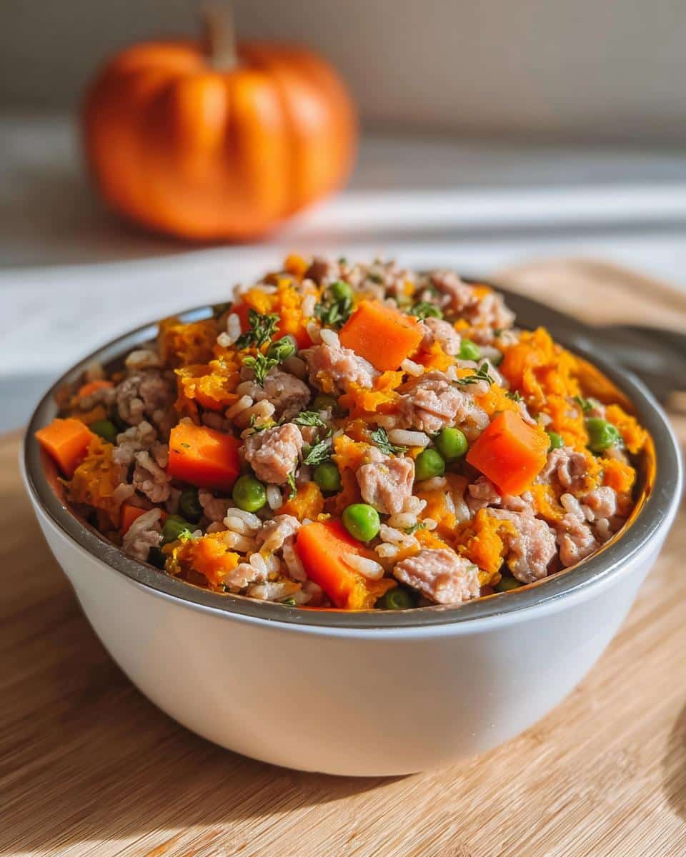 A bowl filled with March Beef, Oatmeal & Pumpkin Dog Food, featuring ground meat, orange pumpkin, carrots, and peas.