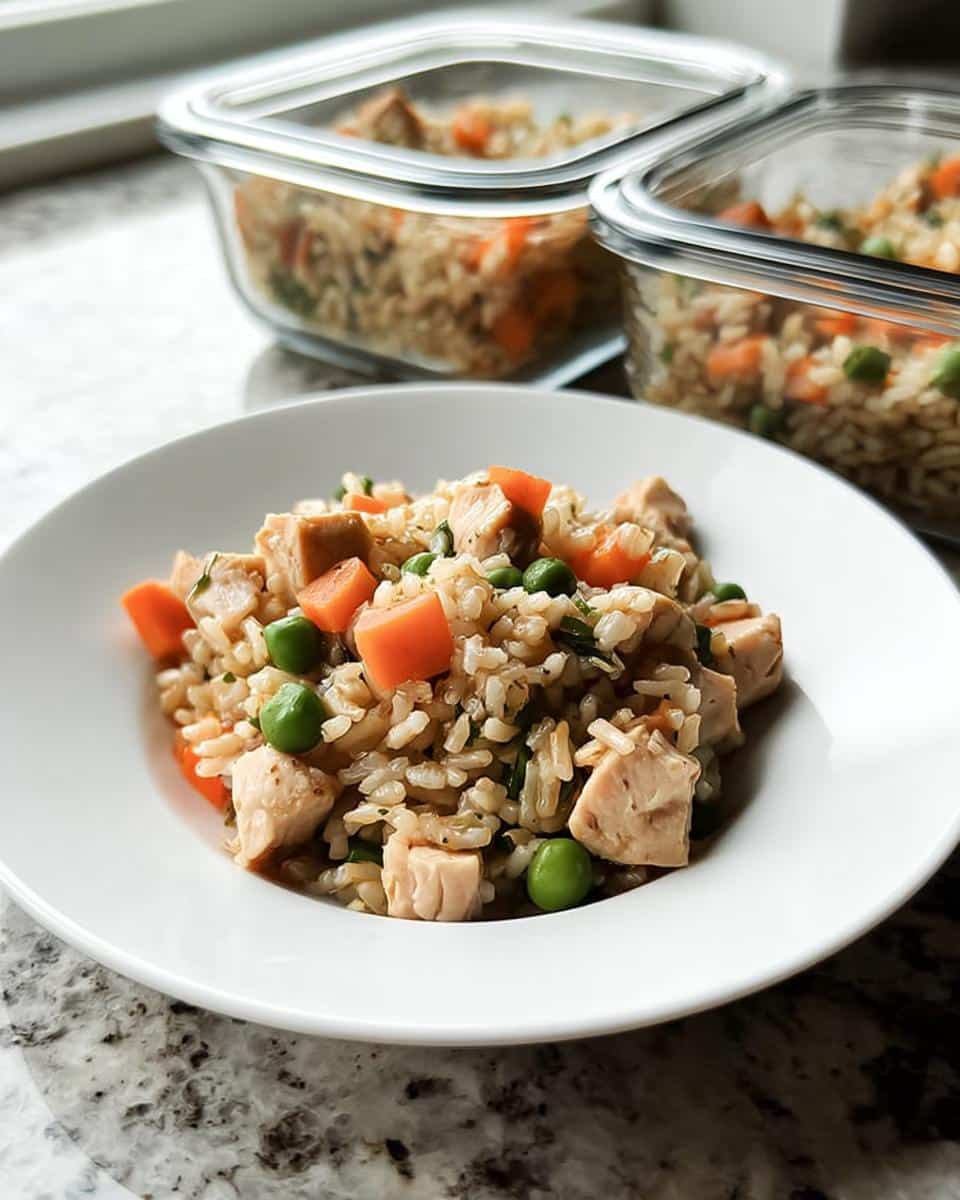 A serving of March Chicken, Brown Rice & Green Beans Dog Food mixture in a white bowl.