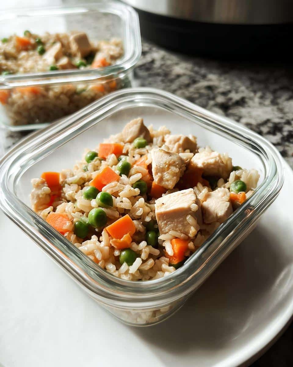 A glass container filled with March Chicken, Brown Rice & Green Beans Dog Food mixture, ready for storage.