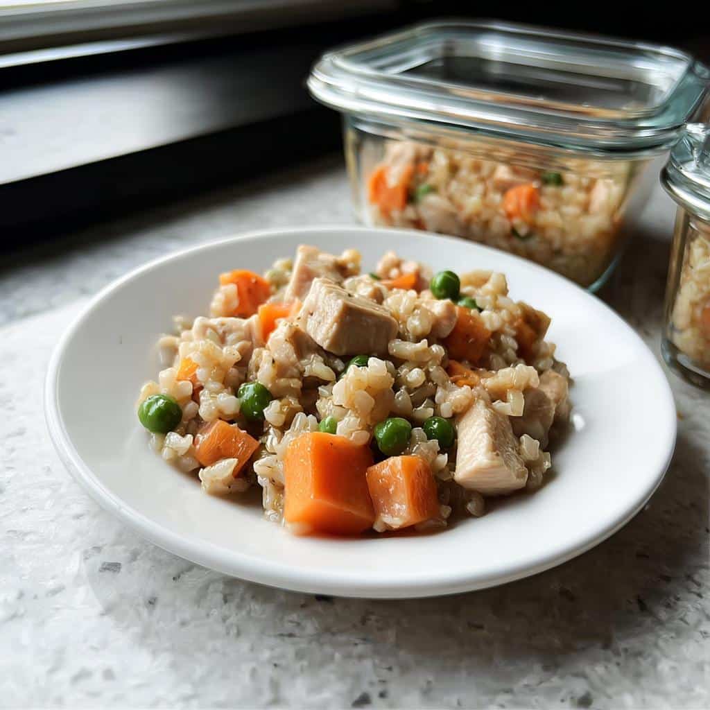A portion of homemade March Chicken, Brown Rice & Green Beans Dog Food served on a white plate.