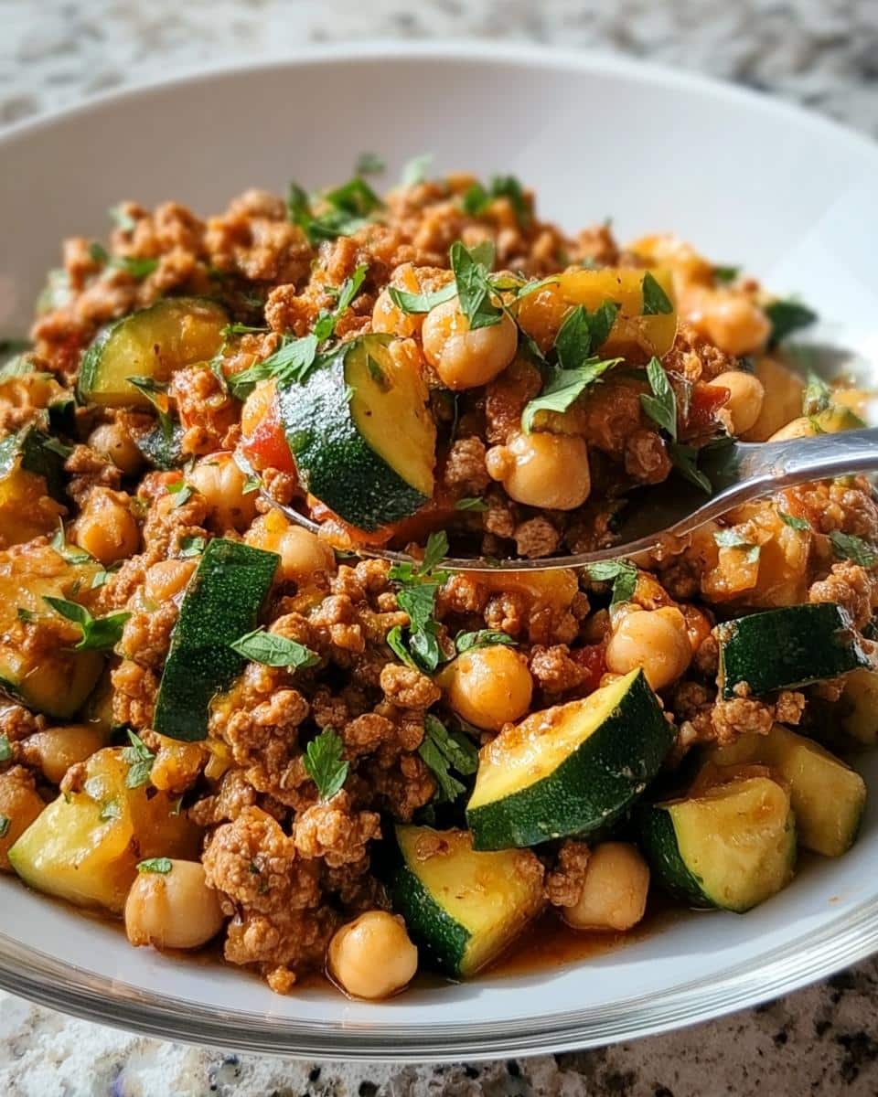 Close-up of homemade March Chicken, Chickpeas & Zucchini Dog Food mixture in a white bowl.