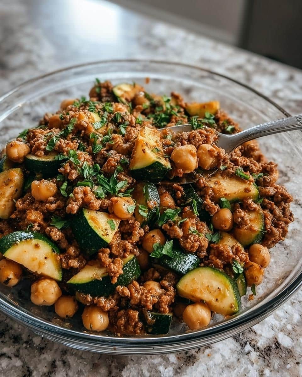 Close-up of a bowl containing March Chicken, Chickpeas & Zucchini Dog Food mix, garnished with parsley.