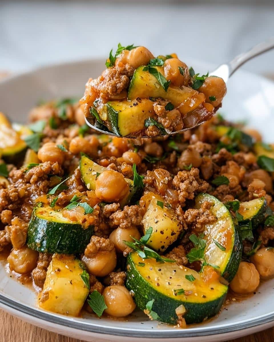 A spoonful of March Chicken, Chickpeas & Zucchini Dog Food mixture being lifted from a plate.