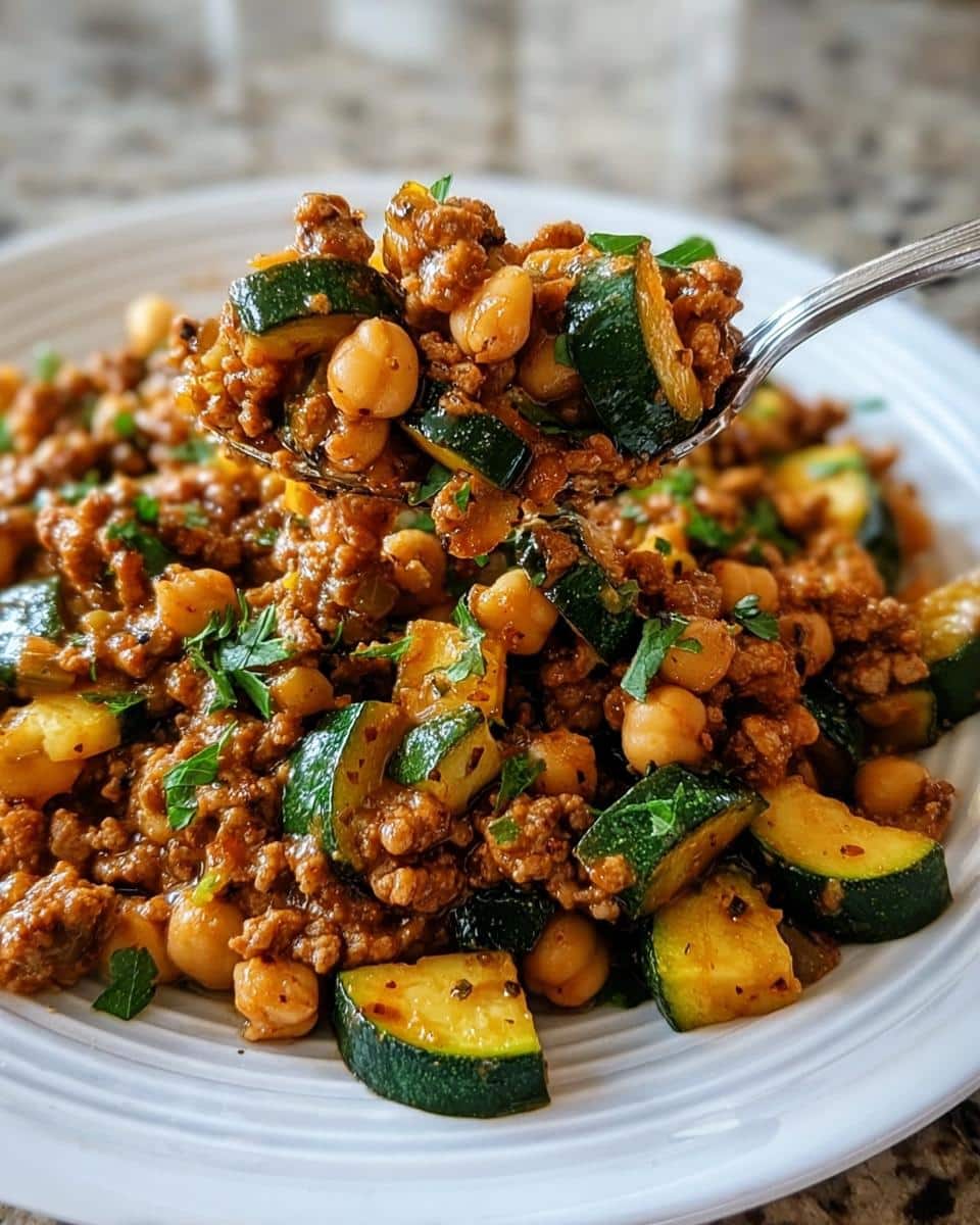 A spoonful of March Chicken, Chickpeas & Zucchini Dog Food mixture being lifted from a white plate.