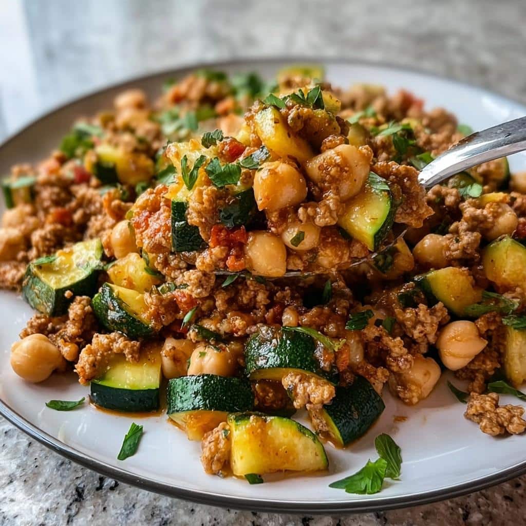 A spoonful of March Chicken, Chickpeas & Zucchini Dog Food mixture being lifted from a plate.