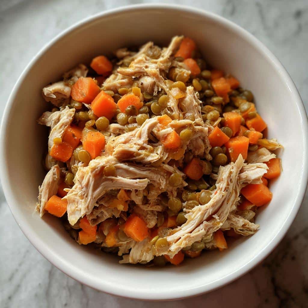 A close-up of a white bowl filled with shredded chicken, green lentils, and diced carrots, representing March Chicken, Lentils & Carrots Dog Food.