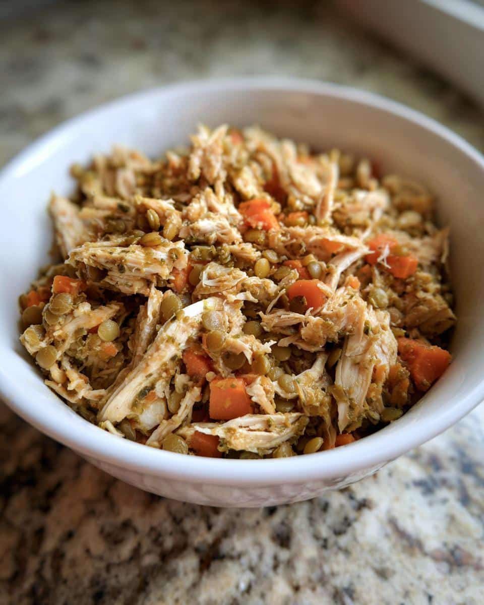 Close-up of homemade March Chicken, Lentils & Carrots Dog Food mix in a white bowl.