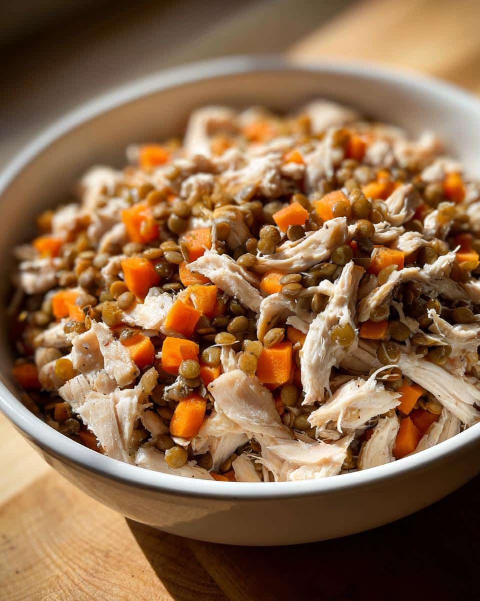 Close-up of a white bowl filled with shredded chicken, yellow lentils, and diced carrots, representing March Chicken, Lentils & Carrots Dog Food.