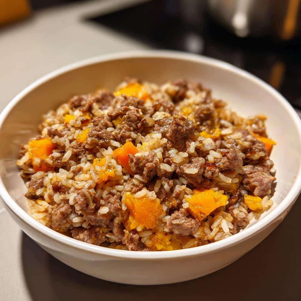 Close-up of a white bowl filled with March Chicken Liver, Rice & Pumpkin Dog Food mixture.