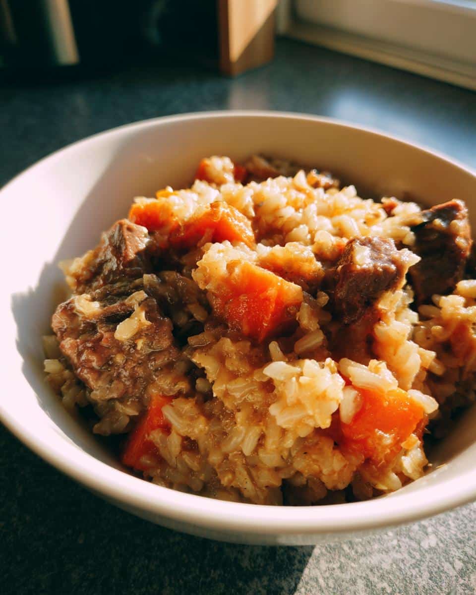 Close-up of a white bowl filled with homemade March Chicken Liver, Rice & Pumpkin Dog Food, showing rice, meat chunks, and orange pumpkin pieces.