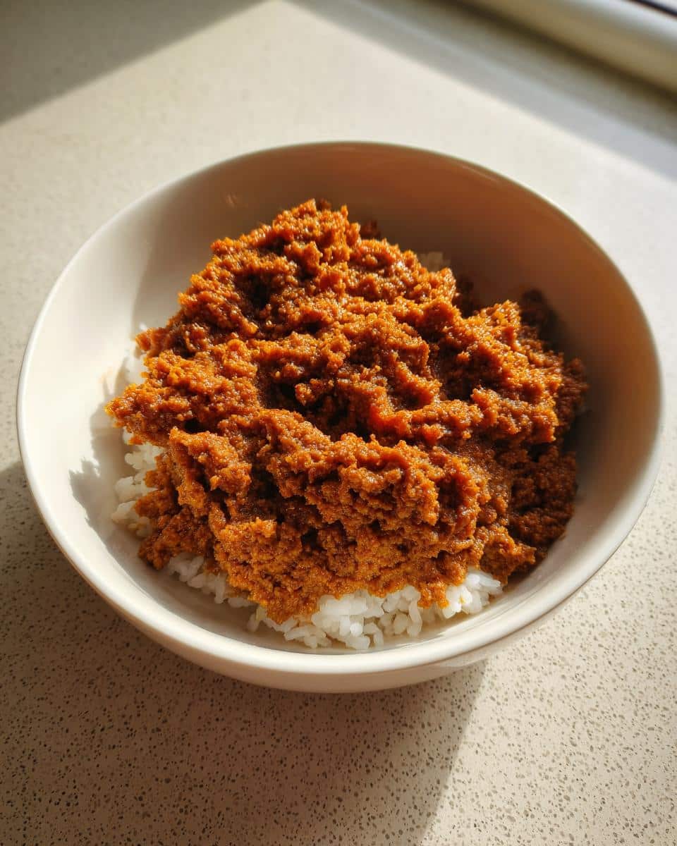 A bowl of homemade March Chicken Liver, Rice & Pumpkin Dog Food mixture served over white rice.