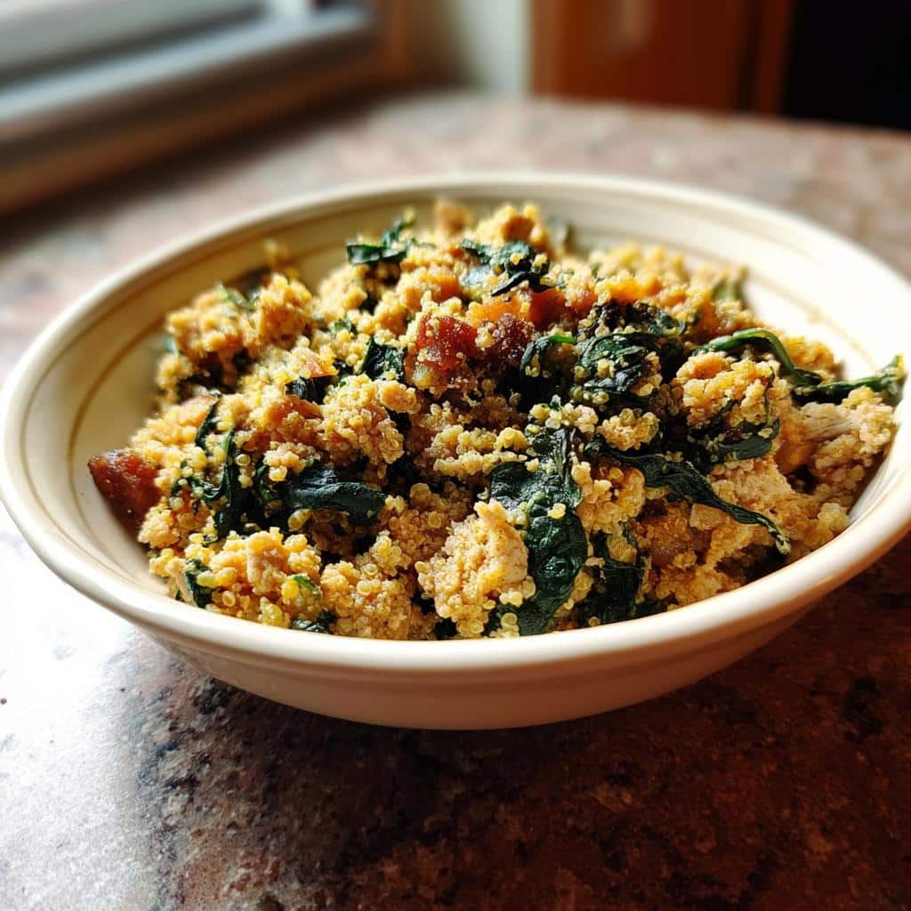 Close-up of a bowl filled with March Chicken, Millet & Spinach Dog Food, showing grains and dark green spinach.