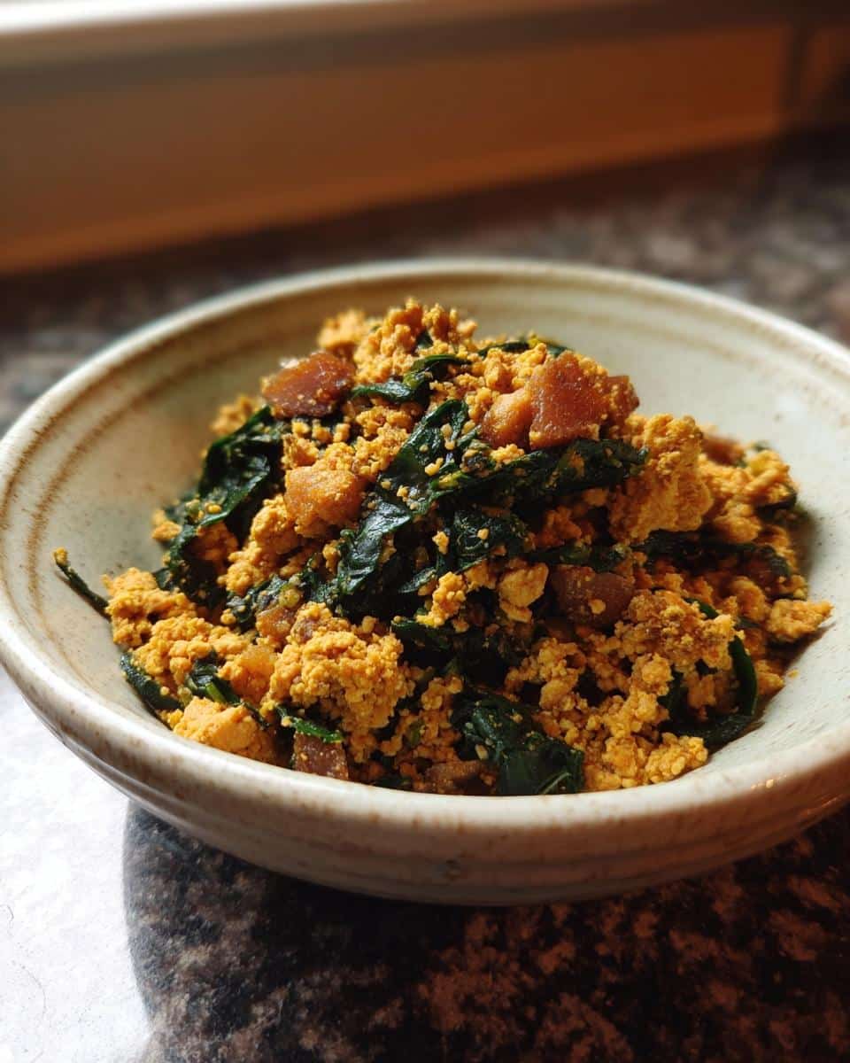 Close-up of a small bowl filled with the March Chicken, Millet & Spinach Dog Food mixture, showing crumbled yellow ingredients and dark green spinach.