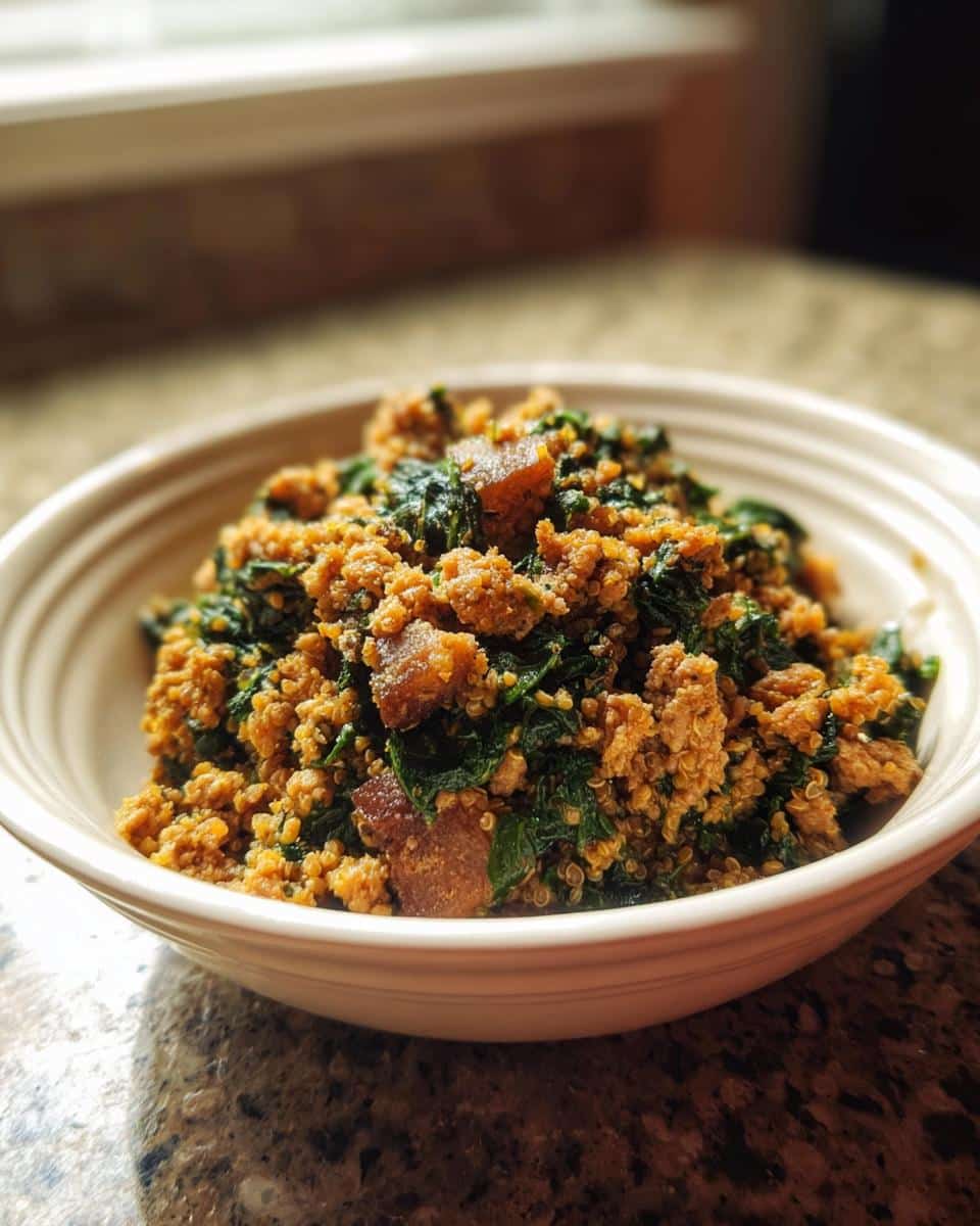 A close-up of the March Chicken, Millet & Spinach Dog Food mixture in a light-colored bowl.