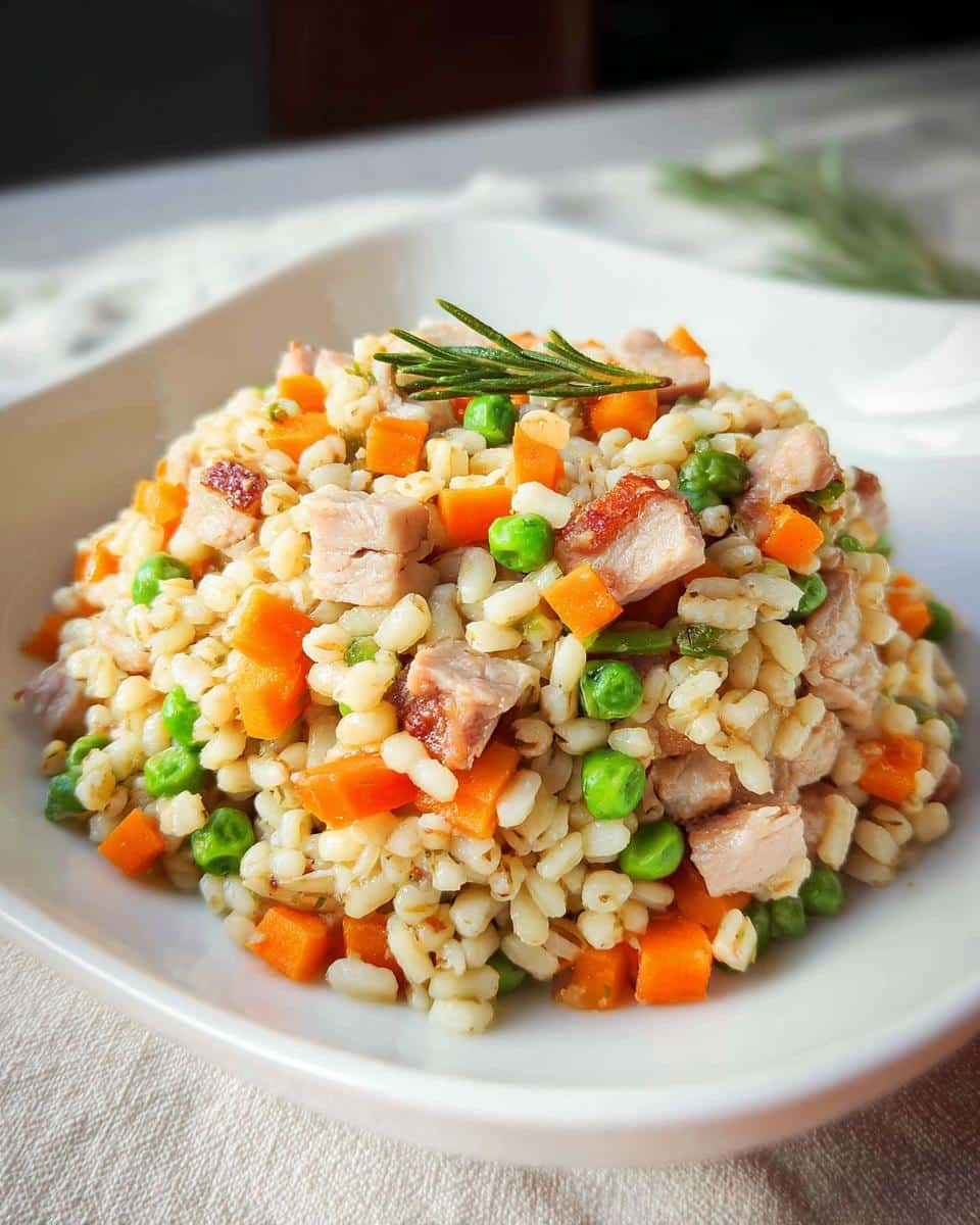 A serving of March Duck, Rice & Mixed Veggies Dog Food featuring grains, diced carrots, peas, and chunks of duck meat.