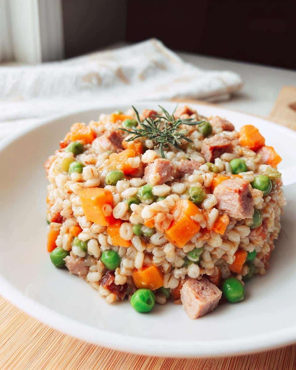 Close-up of a molded serving of March Duck, Rice & Mixed Veggies Dog Food with visible grains, peas, carrots, and meat chunks.