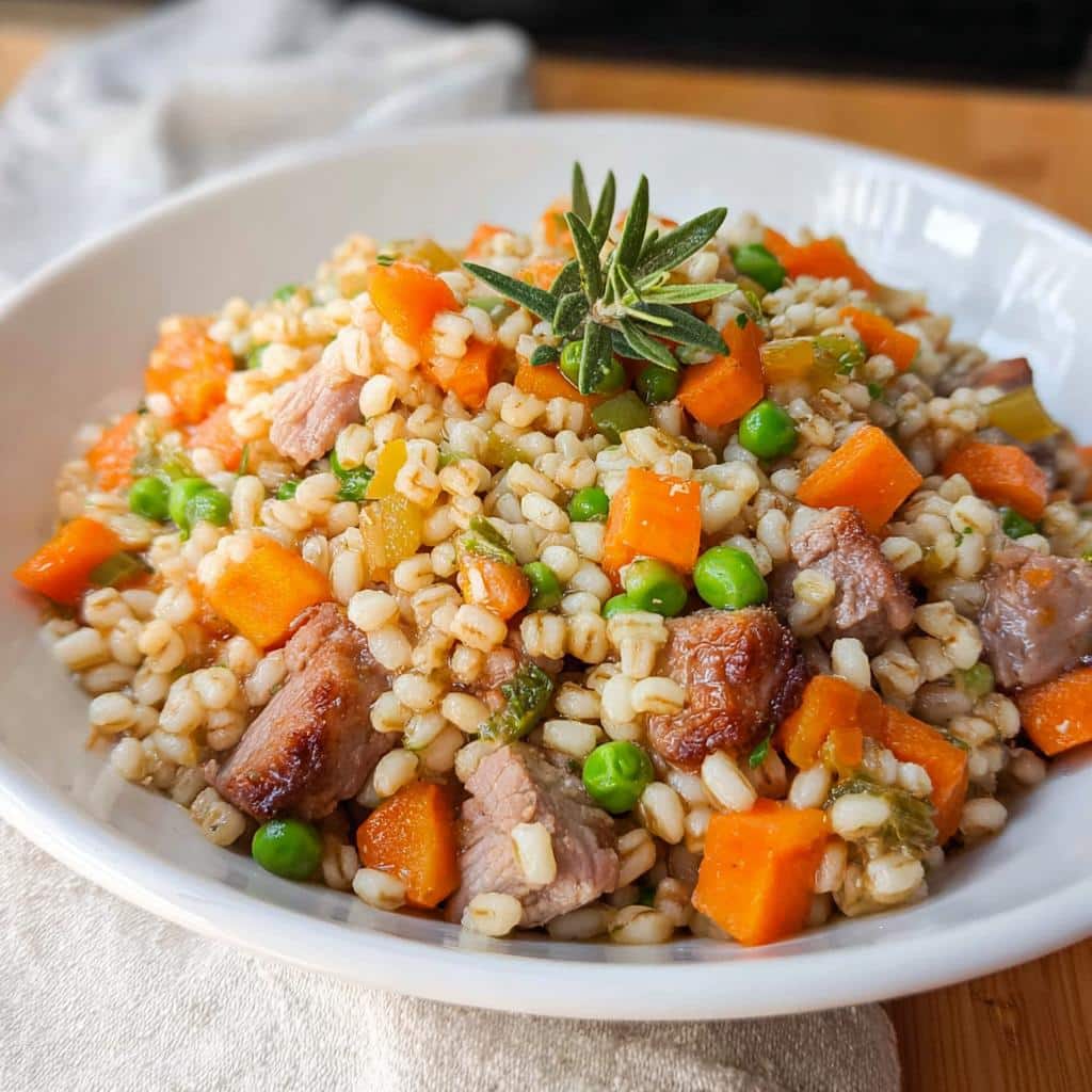Close-up of a bowl containing March Duck, Rice & Mixed Veggies Dog Food with barley, carrots, and peas.