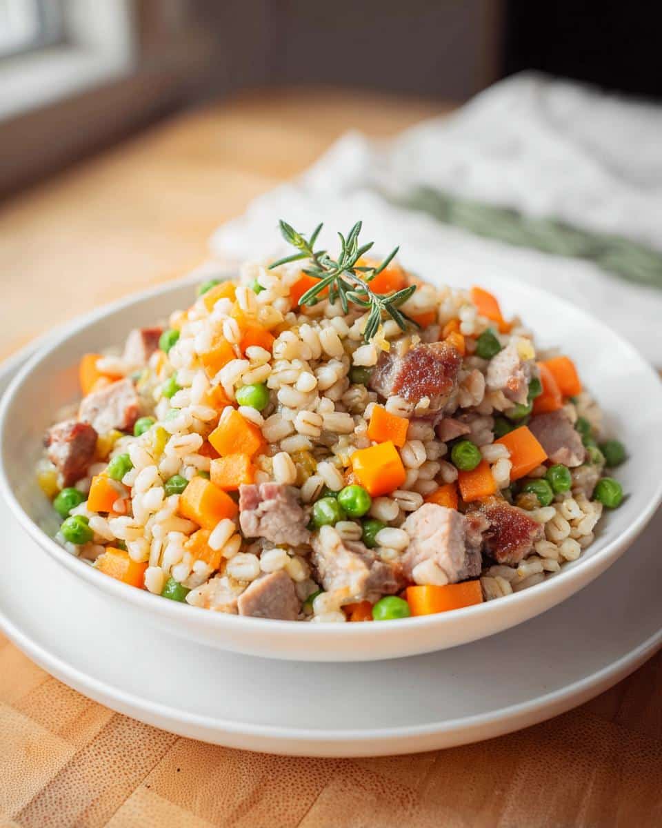 A white bowl filled with March Duck, Rice & Mixed Veggies Dog Food, topped with rosemary.
