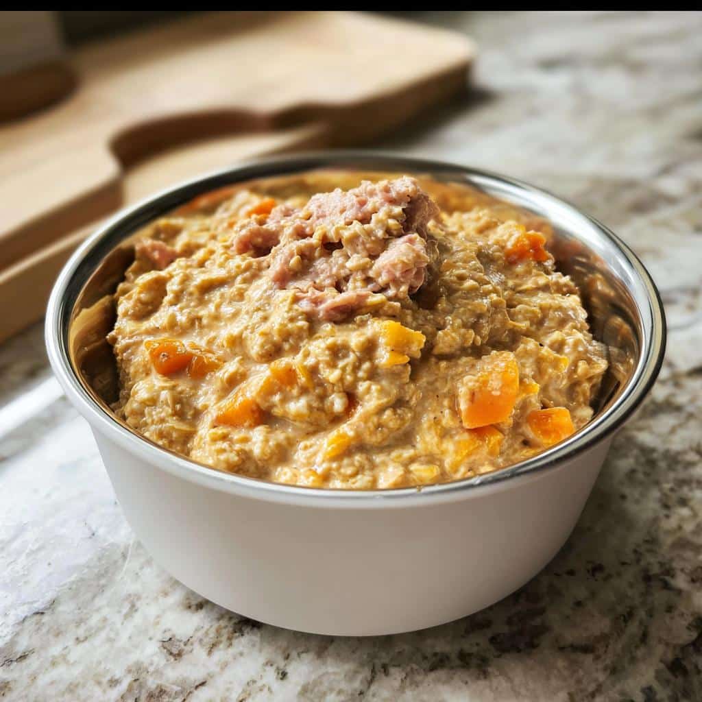 Close-up of March Goat, Oatmeal & Pumpkin Dog Food mixture served in a stainless steel rimmed bowl.