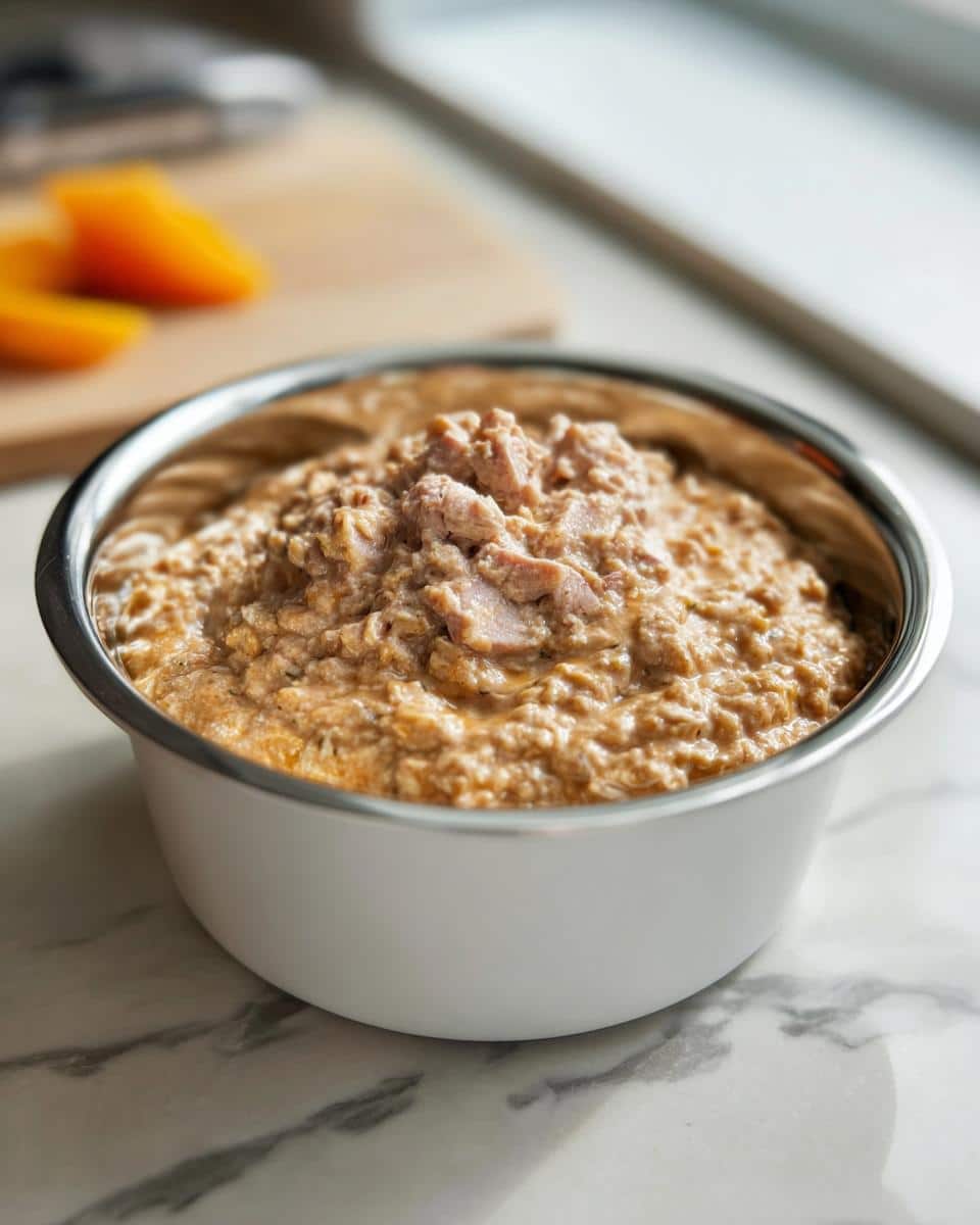 Close-up of March Goat, Oatmeal & Pumpkin Dog Food mixture topped with chunks of meat in a white and silver pet bowl.