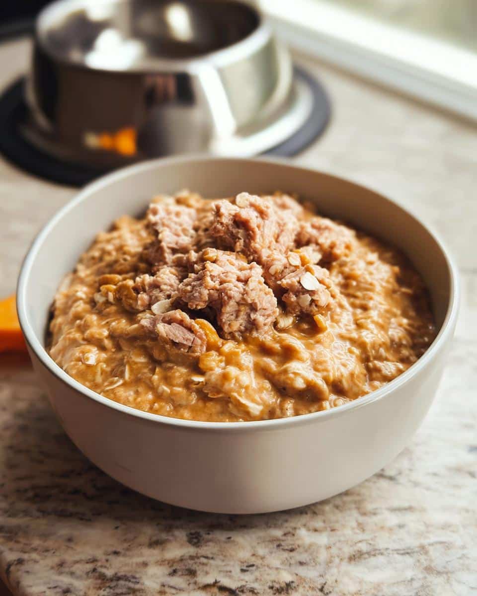 A bowl of homemade March Goat, Oatmeal & Pumpkin Dog Food topped with crumbled meat, sitting on a granite counter.