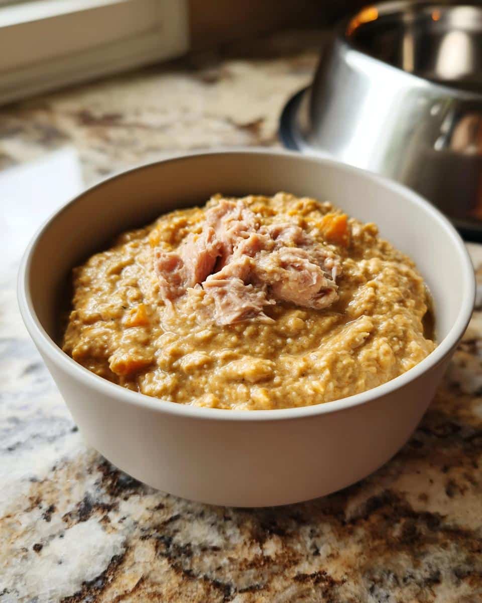 A bowl of thick, orange-colored March Goat, Oatmeal & Pumpkin Dog Food topped with shredded meat.