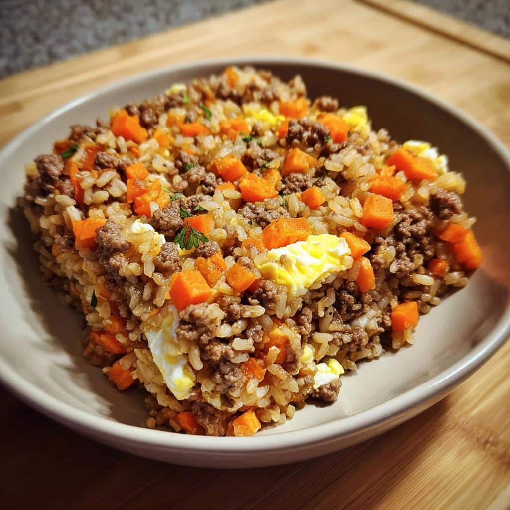 A bowl filled with March Lamb, Brown Rice & Carrots Dog Food, featuring ground meat, diced carrots, and scrambled egg pieces.