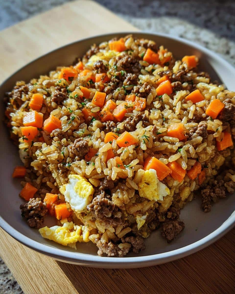 Close-up of homemade March Lamb, Brown Rice & Carrots Dog Food mixed with ground meat, diced carrots, and scrambled egg.
