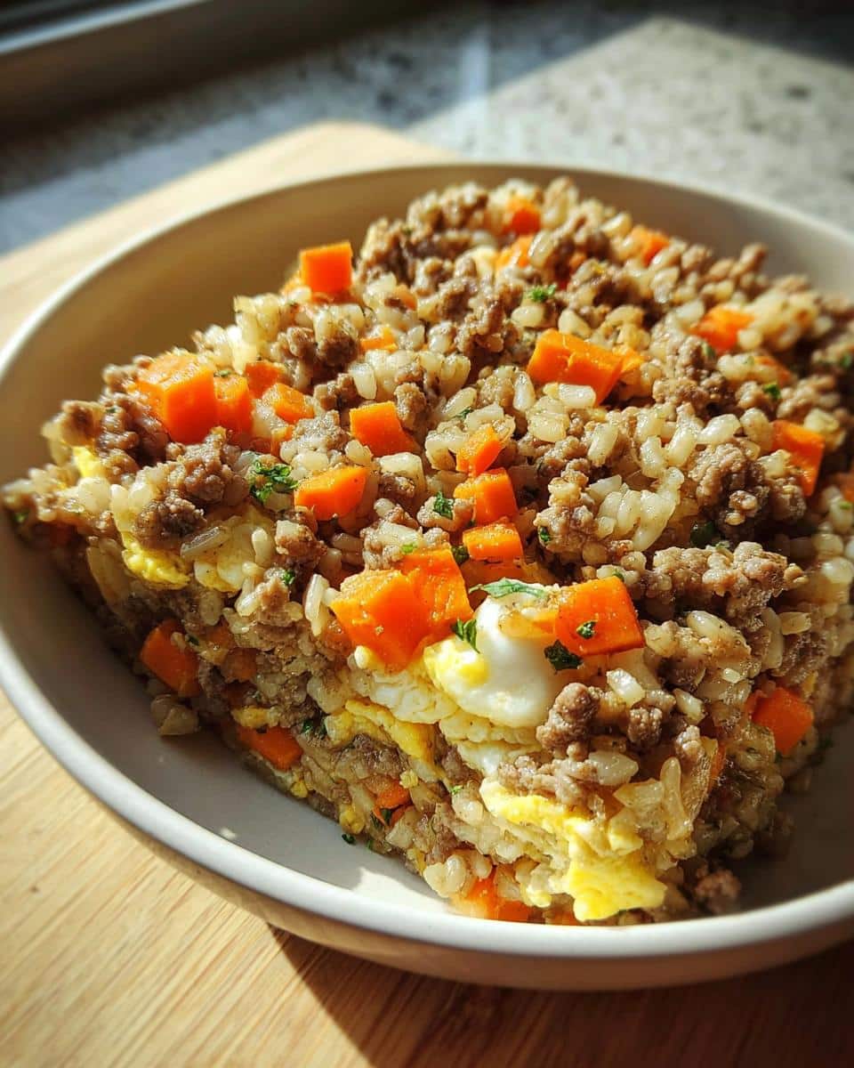 A bowl filled with homemade March Lamb, Brown Rice & Carrots Dog Food, showing layers of ground meat, brown rice, diced carrots, and egg.