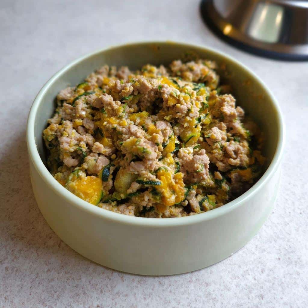 A light green bowl filled with homemade March Pork, Quinoa & Zucchini Dog Food mixture.