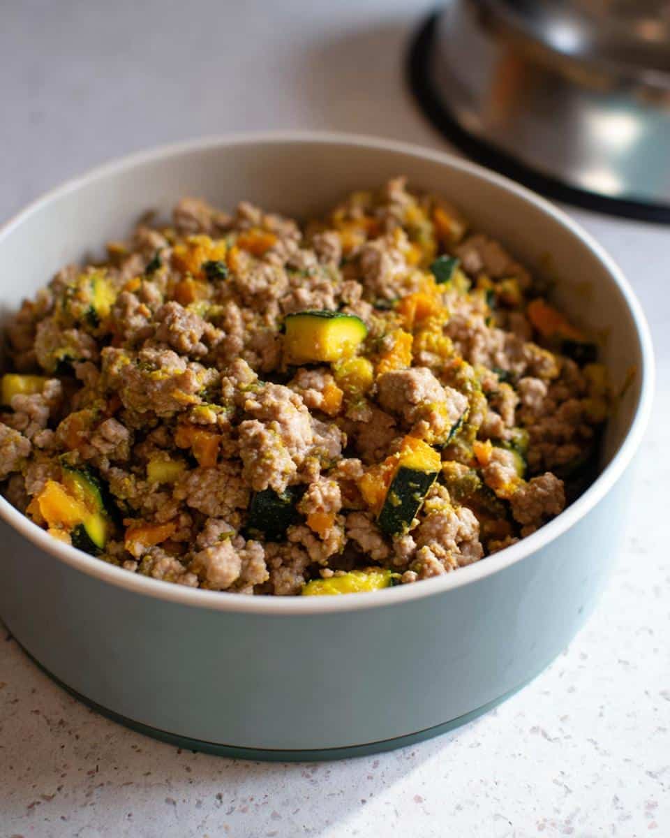 Close-up of homemade March Pork, Quinoa & Zucchini Dog Food mixture in a light blue bowl.