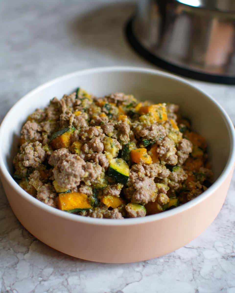 Close-up of homemade March Pork, Quinoa & Zucchini Dog Food mixture in a light pink bowl.
