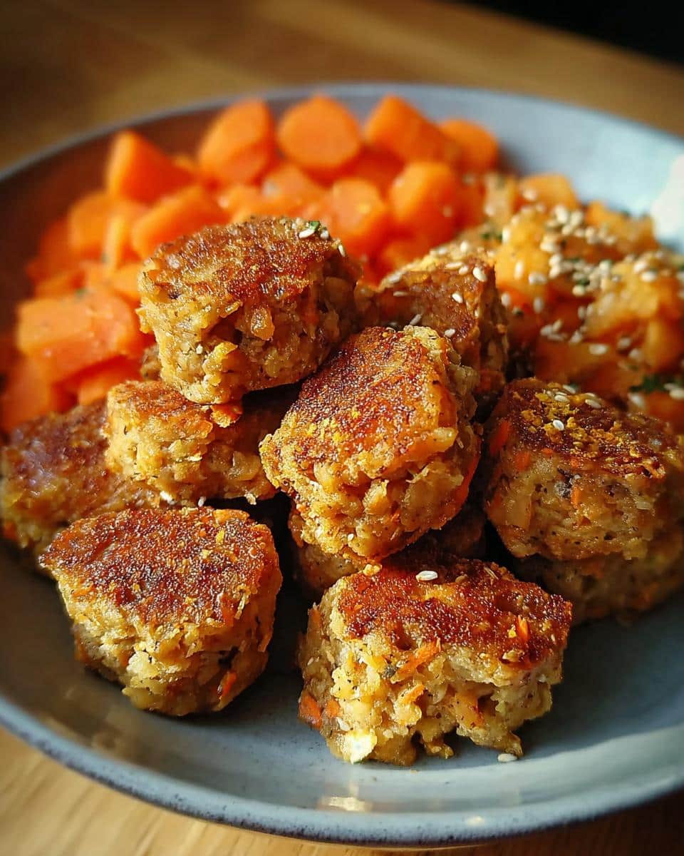 Close-up of homemade March Rabbit, Potato & Carrots Dog Food formed into small, seared bites served with cooked carrots.