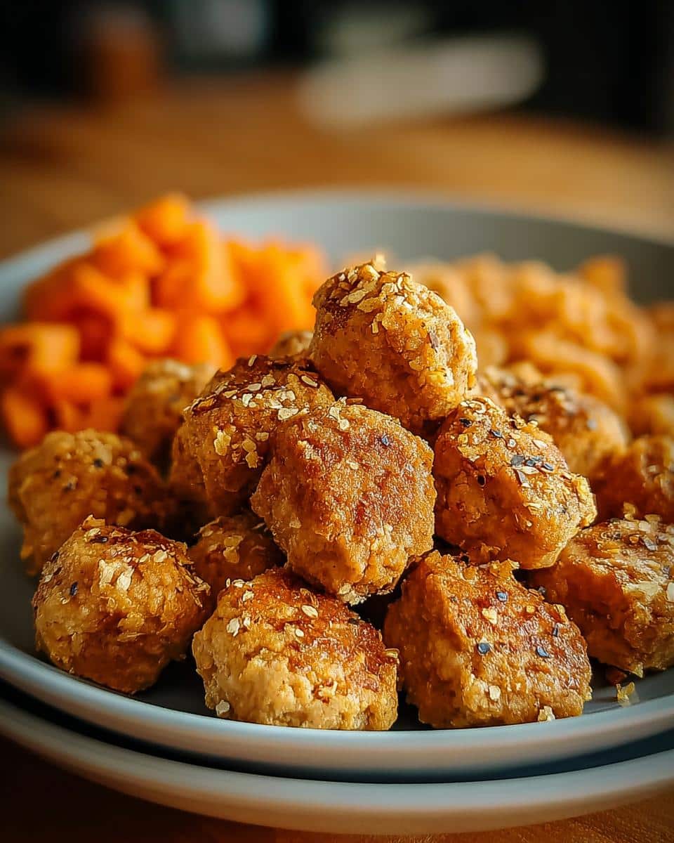Close-up of baked, savory bites made for March Rabbit, Potato & Carrots Dog Food, served with diced carrots.