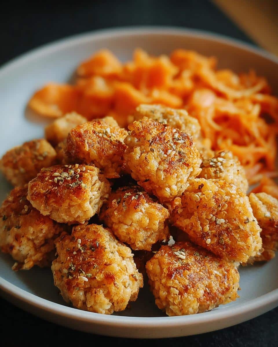 Golden brown, bite-sized patties made for March Rabbit, Potato & Carrots Dog Food, served with shredded carrots.