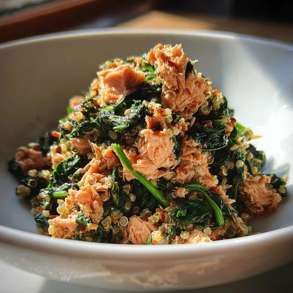 Close-up of healthy March Salmon, Quinoa & Spinach Dog Food mixture in a white bowl.