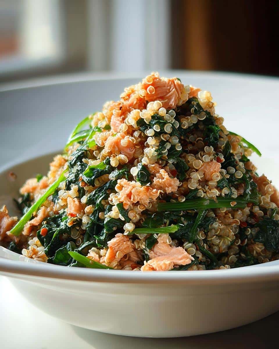 A bowl filled with homemade March Salmon, Quinoa & Spinach Dog Food, showing flakes of salmon mixed with quinoa and dark green spinach.