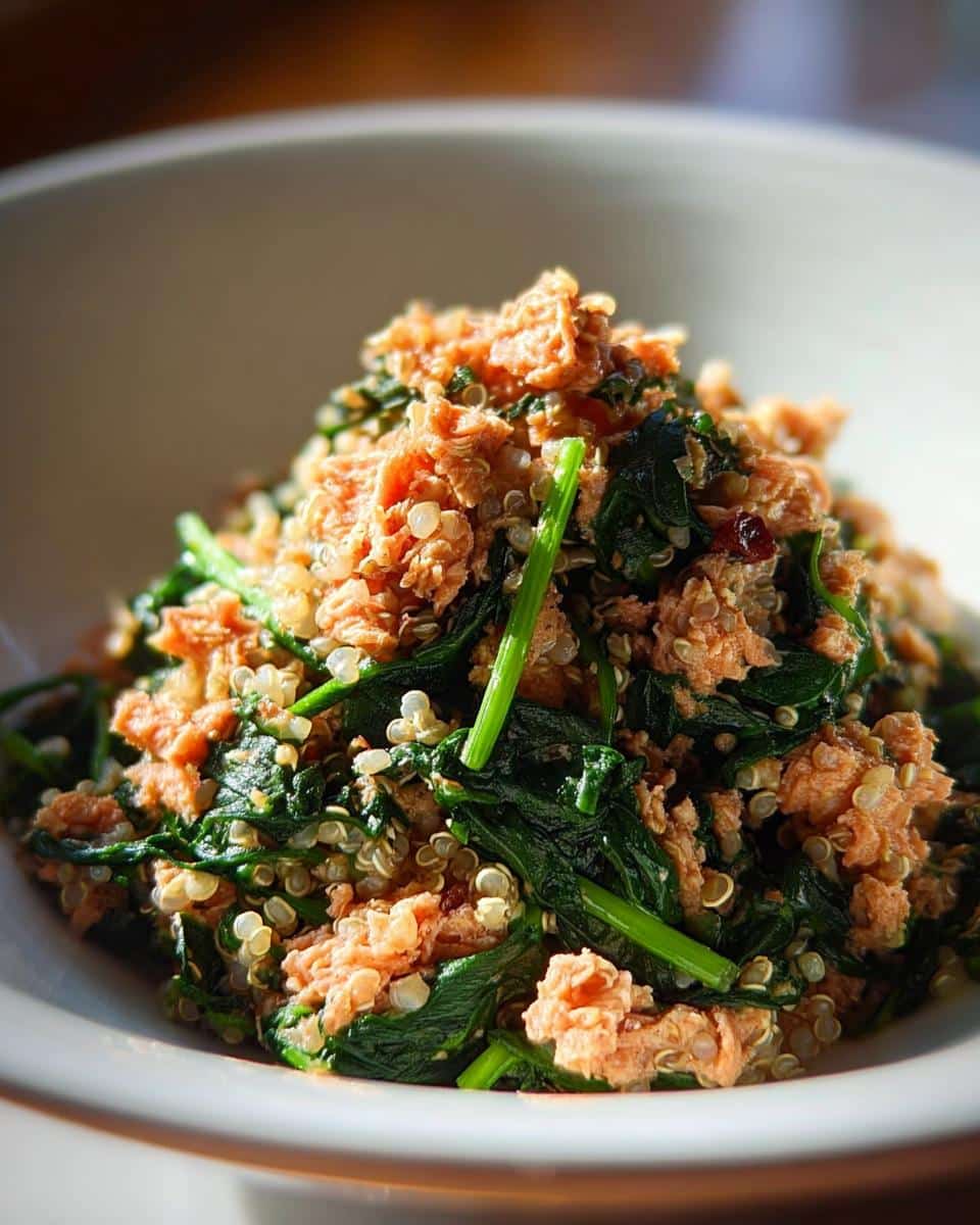 Close-up of homemade March Salmon, Quinoa & Spinach Dog Food mixture in a white bowl.
