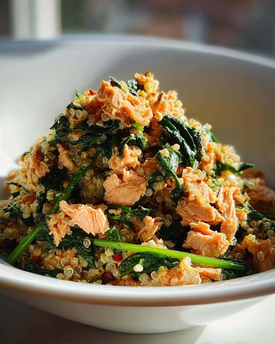 Close-up of homemade March Salmon, Quinoa & Spinach Dog Food in a white bowl.