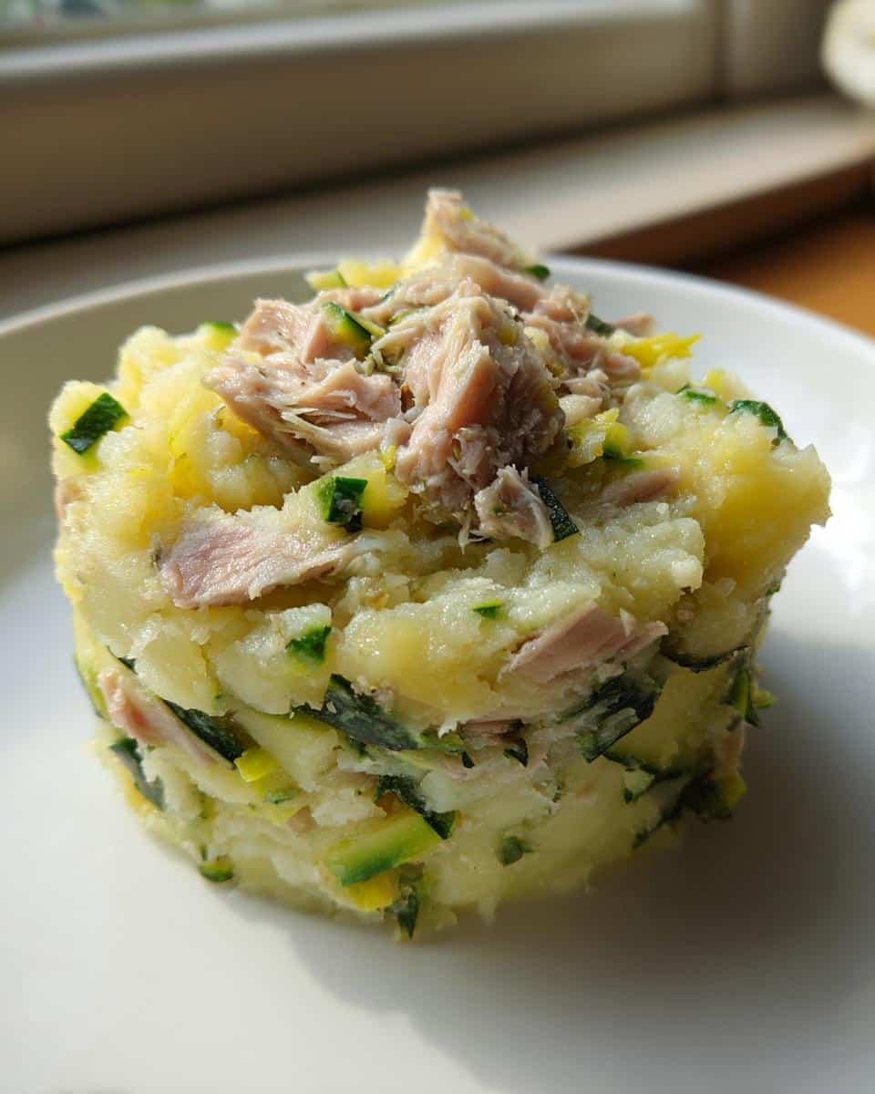 A molded serving of March Sardine, Potato & Zucchini Dog Food, showing mashed potato, green zucchini pieces, and flaked fish.